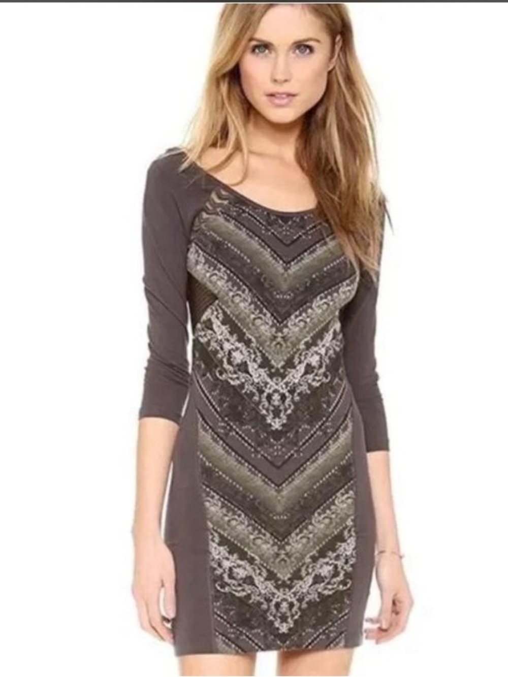 Free People Olive and Charcoal Patterned Long Sleeve Mini Dress